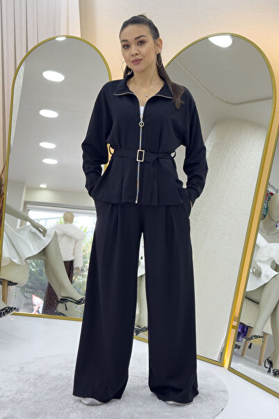 zks grup tekstil Women's Zippered Belt Detail Wide Leg Modal Two-Piece Set Black, Navy Blue, Brown, Burgundy, Gray