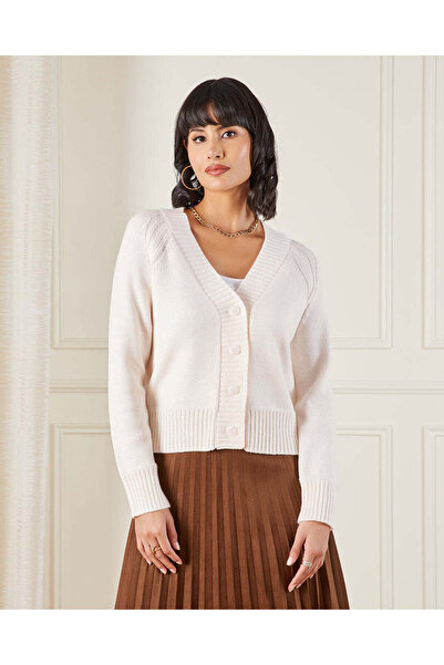 REDTAG Women Ivory Button Front Knit Cardigan