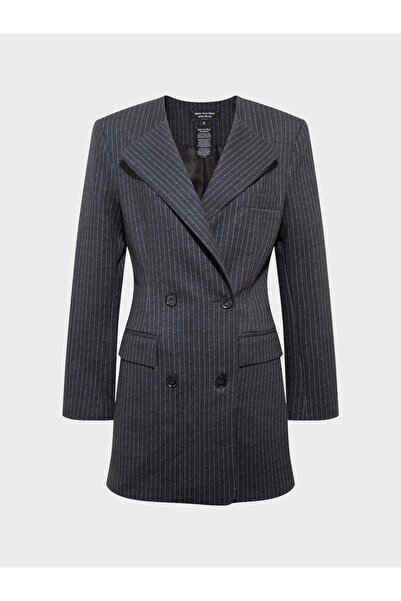 RİVUS Button Detailed and Upright Shoulder Jacket Dress - Gray Striped