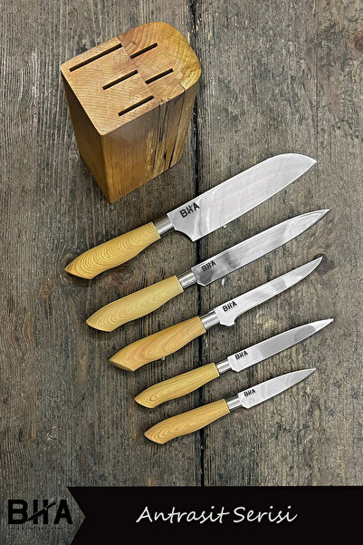 B-H-A BIÇAKÇI HACI AHMET Beş Parça Mutfak Bıçak Seti Standlı Bej