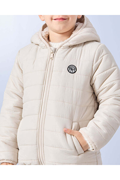 REDTAG Boys Beige Hooded Puffer Sherpa Lined Jacket