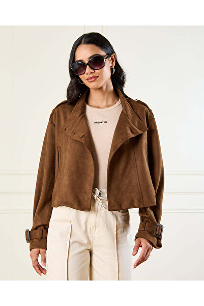 REDTAG جاكيت ترنش نسائي بني قصير من جلد الغزال الصناعي مع حزام