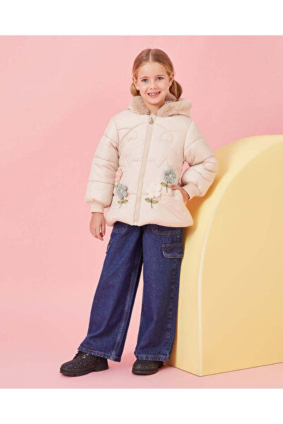REDTAG Girls Beige Puffer Fur Hooded Jacket