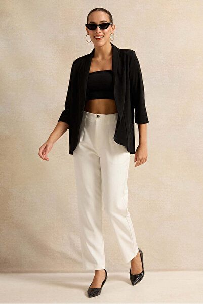 REDTAG Women Black Rolled Sleeve Round Blazer