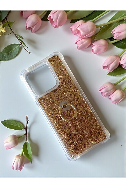 Merwish Xiaomi Redmi 12C and 11A Compatible Shiny Silicone Case with Water Glitter and Ring Stand Gold