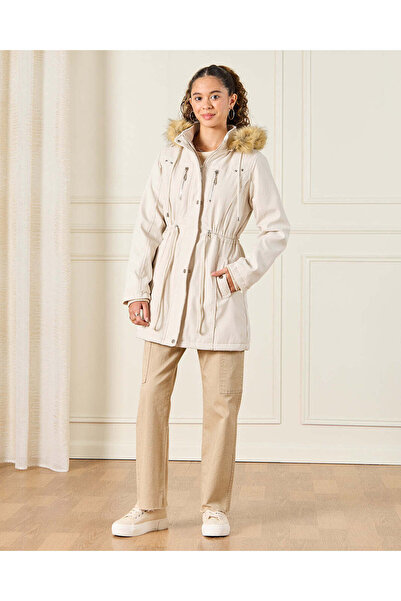 REDTAG Senior Girls Cream Jacket With Hooded Fur