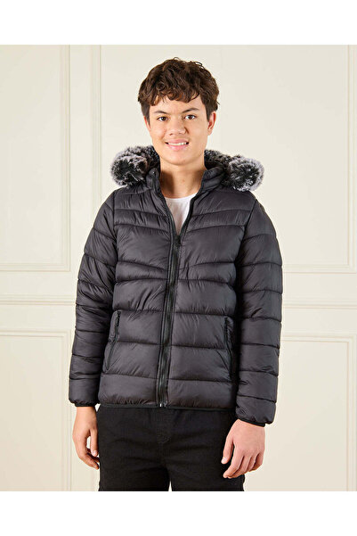 REDTAG Senior Boys Black Padded Fur Hooded Jacket