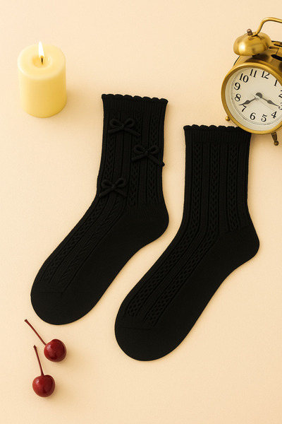 BONY SOCKS Детски плетени чорапи с панделка за момичета, черни