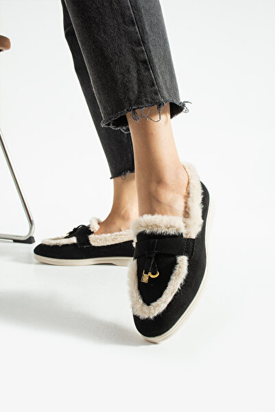 Moda Devrin Black and White Winter Plush Loafer Ballet Shoes (Anti-Slip)