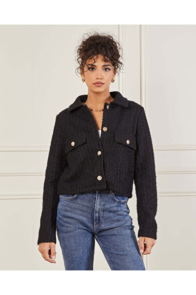 REDTAG Women Black Jacquard Tweed Button Jacket