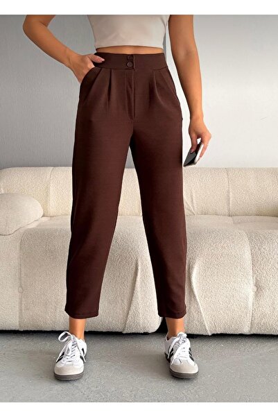 Genel Markalar Kahverengi İthal Krep Full Likralı Havuç Pantolon