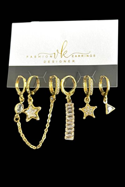 TAKIŞTIR مجموعة من 6 أقراط مرصعة بالأحجار الكريمة باللون الذهبي