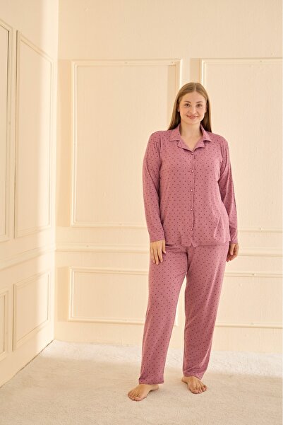 Elit Women's Plus Size Long Sleeve Front Buttoned Milan Fabric Pajama Set