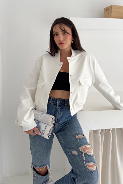 FEMELLE White Double Pocket Short Jacket with Elastic Waist and Lining