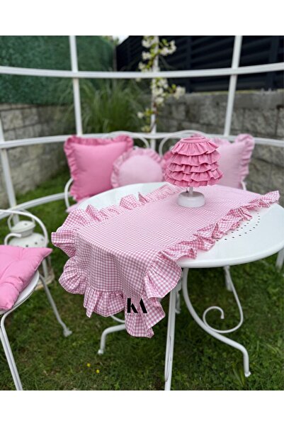 KaiAtelier Candy Keten Heryeri Fırfırlı Dikdörtgen Runner Kareli 40cmx120cm