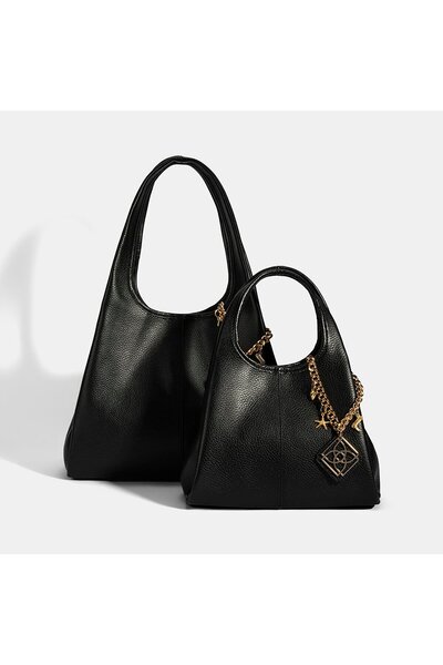 Desa Women's Black Leather Shoulder Bag with Charm Accessories