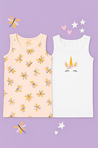 BONY SOCKS Girl's Unicorn Patterned 2-Pack Undershirt White/Light Pink