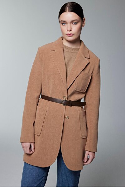 Zühre Double-Breasted Camel Jacket with Collar Belt Detail C-0170