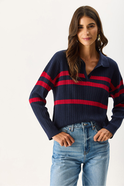 VENA Women's Polo Neck Striped Knitwear - Navy Blue Red Striped