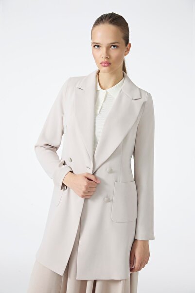 Zühre Double-Breasted Collar Hidden Pocket Detailed Beige Jacket C-0024