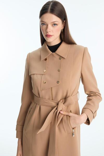 Zühre Düğme ve Fermuar Detaylı Kuşaklı Camel Trençkot 13928