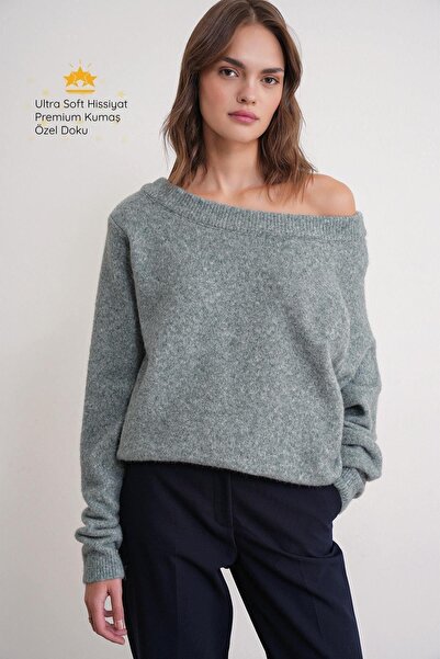 Mixray 69633 Women's Boat Neck Wool Blend Premium Knitwear Sweater Çağla