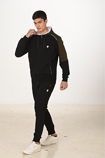 Marco Ferry Men's Cotton Full Zip Hooded Tracksuit Set Black 5282-S