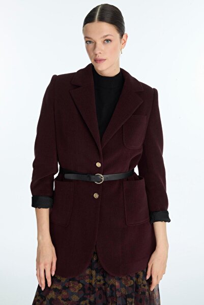 Zühre Double-Breasted Burgundy Jacket with Collar Belt Detail C-0170
