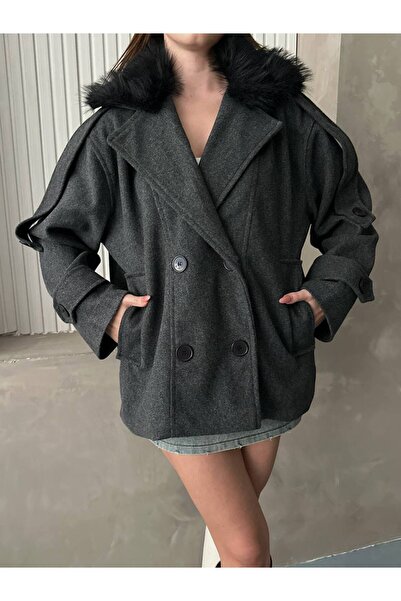VESS MODA Premium Quality Cashmere Jacket Coat with Fur Collar