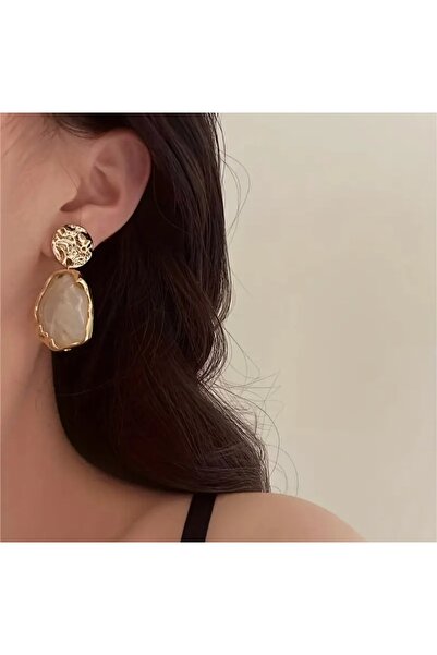 İMREN AKSESUAR Stylish Double Bohemian Natural Stone Gold Plated Metal Dangle Earrings for Women