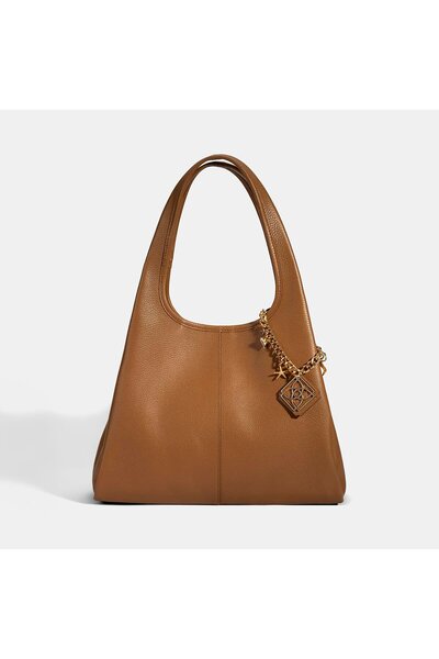 Desa Women's Tan Leather Shoulder Bag with Charm Accessories