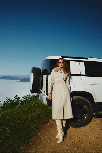 Zühre Kürk Yaka Taş Deri Trençkot 13822