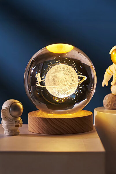 ALFAGİFT 3D Satürn Figürlü Cam Kristal Küre Gece Lambası USB Ahşap Tabanlı De...