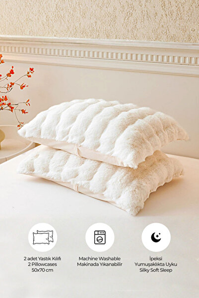 Evlen Home Collection Bubble Kürklü Peluş 2'li Yastık Kılıfı 50x70 cm Yumuşak Supersoft Dekoratif Wellsoft Krem