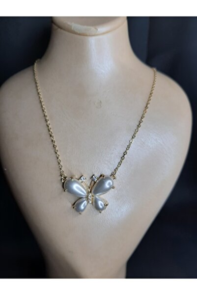 MRYart قلادة الفراشة اللؤلؤية الفاخرة من الفولاذ الأصفر (الفولاذ المقاوم للصدأ)