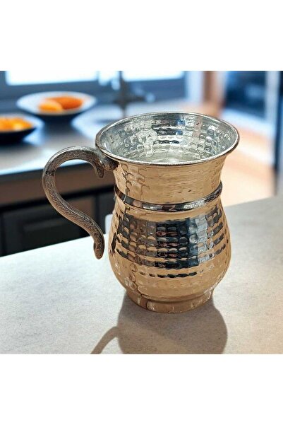 Bakır Center Nickel-Plated Silver-Coated Copper Cup & Copper Mug Forged Copper Ayran Cup with Handle 1 Piece Mashrafa