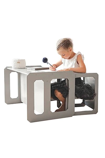 GINGER HOME Montessori table and chair set, 3-in-1 bench, White/Grey, convertible, MDF material, ma