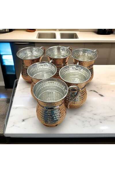 Bakır Center Nickel-Plated Silver-Coated Copper Cup & Copper Mug Forged Copper Ayran Cup with Handle 6 Pieces Mashrafa