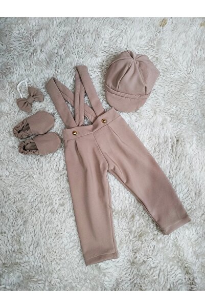 AgTasarım Bej Doğum Günü Konsept Salopet papyon şapka makosen takımı