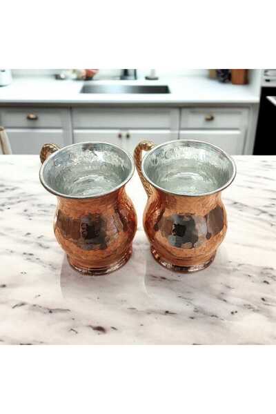 Bakır Center Akır Cup & Copper Mug Forged Copper Ayran Cup with Handle 2 Pieces High Quality Thick Copper Mashrafa
