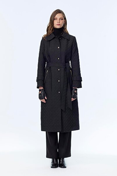 Zühre Desenli Kuşaklı Siyah Kap 13994