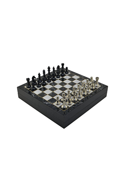 Gift Home GiftHome Orta Boy Premium Black Metal Klasik Satranç Takımı ve Merm...