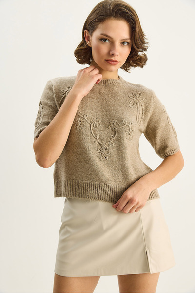 Bianco Lucci Kadın Çiçek Motifli Kabartma Nakış Detaylı Kısa Kollu Triko Kazak TK251110 60283596