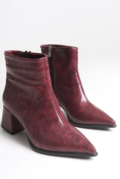 LEVONYA Дамски ботуши с цип в цвят бордо, с остри върхове и крокодилски мотив
