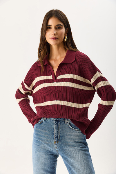 VENA Women's Polo Neck Striped Knitwear - Burgundy Beige Striped