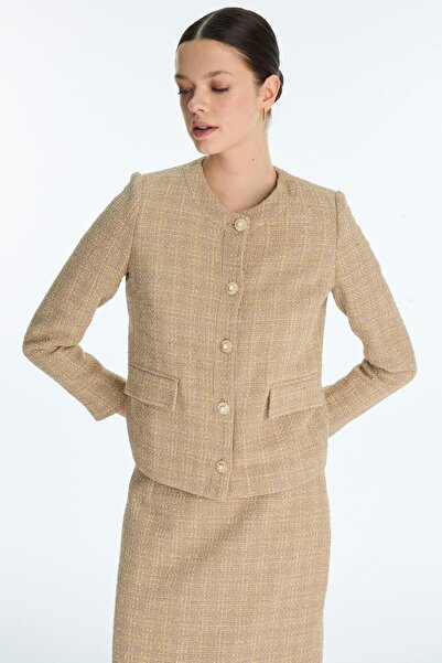 Zühre Round Neck Button Detail Beige Double Suit Tk-1706