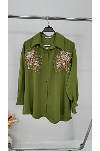 Koza Butik Women's Plus Size Sequin Embroidered Long Sleeve Shirt 1985-26