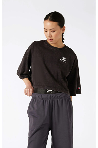 Champion Icons Plush Wash Crewneck T-Shirt Siyah Kadın Tişört - 118023-KK001