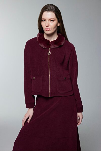 Zühre Fur Collar Zippered Jacket Skirt Burgundy Double Suit Tk-1730