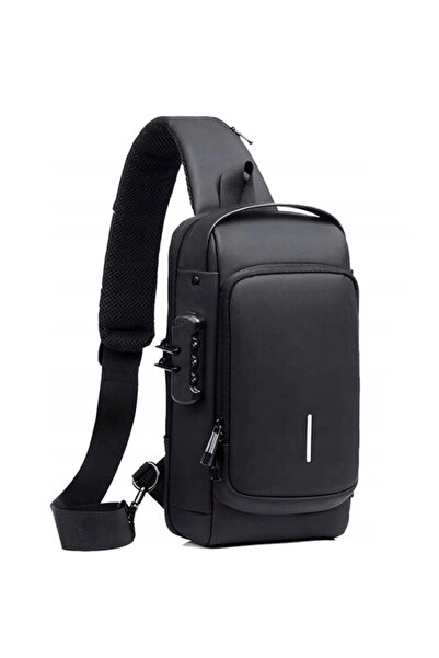 zola Men's casual shoulder bag, USB charging extension, lacquered with code, 32x21x9 cm, black